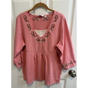 Denim Co XL Coral Tunic Floral Detail 3/4 Sleeve V-neck w/insert A87311 Preowned